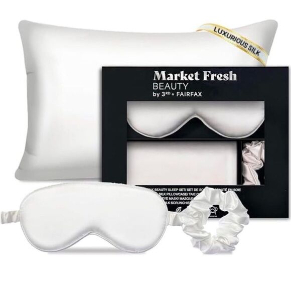 Silk Pillowcase, Scrunchie, Eye Mask Set - White Brand new in the box - Picture 1 of 4